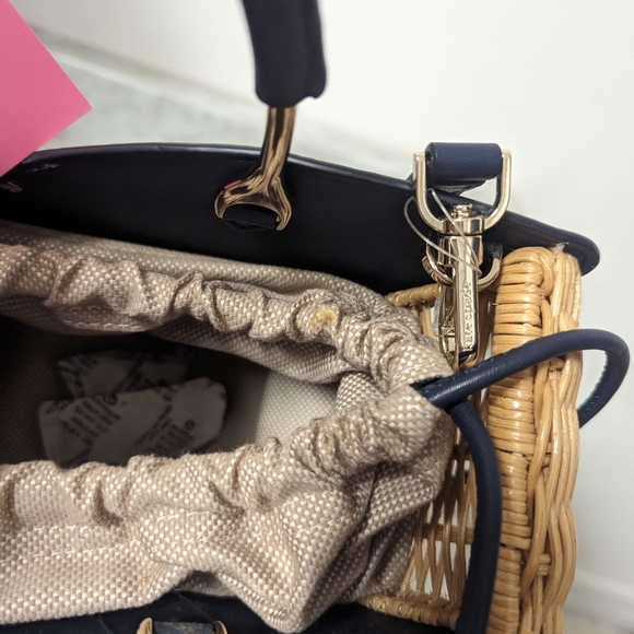 ♠️ Kate Spade Blue & White Wing it Polka Dot Wicker Butterfly Bag - Picture 9 of 12